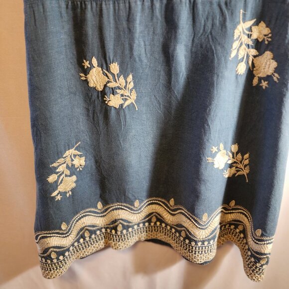 JOHNNY WAS 100% LINEN BLUE SHIFT DRESS IVORY FLORAL EMBROIDERY SIZE SMALL BOHO - Picture 5 of 11